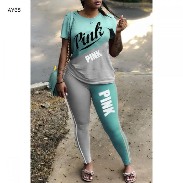 Women Two Piece Summer Pink Letter Print Tracksuits Plus Size T-Shirt Top And Pants Set Suits Casual Bodcon 2 Piece Set