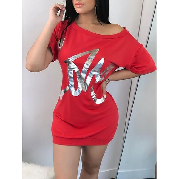 Summer Sexy Club Dress Women Letters Print Short Sleeve Loose Dresses Sundress Female