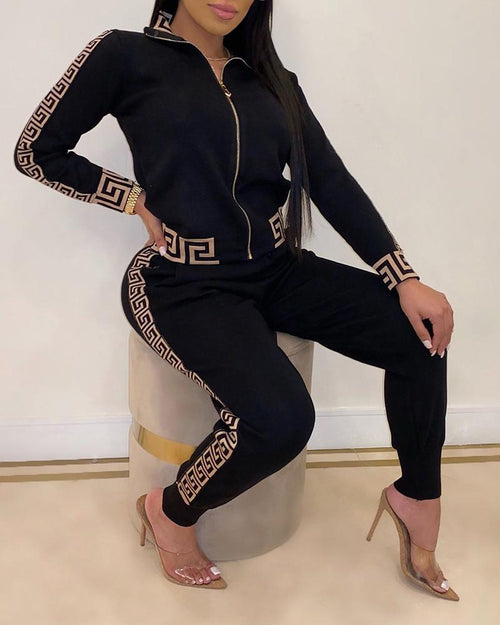 Stylish Greek Fret Print Coat & Pant Zip Sets Joggers Female Sets Two-Pieces